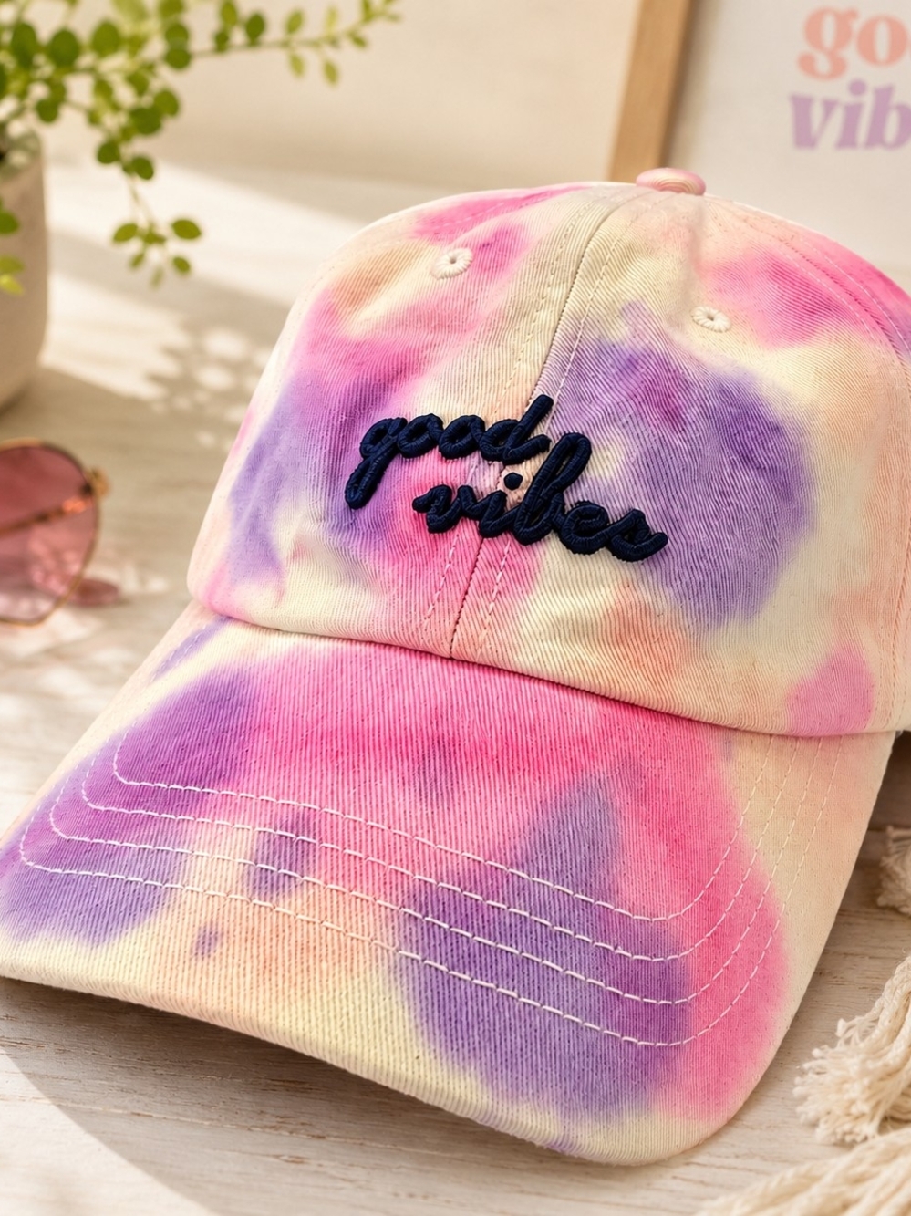 State of Mine Good Vibes Tie Dye Adjustable Dad Hat Pink Purple Rainbow